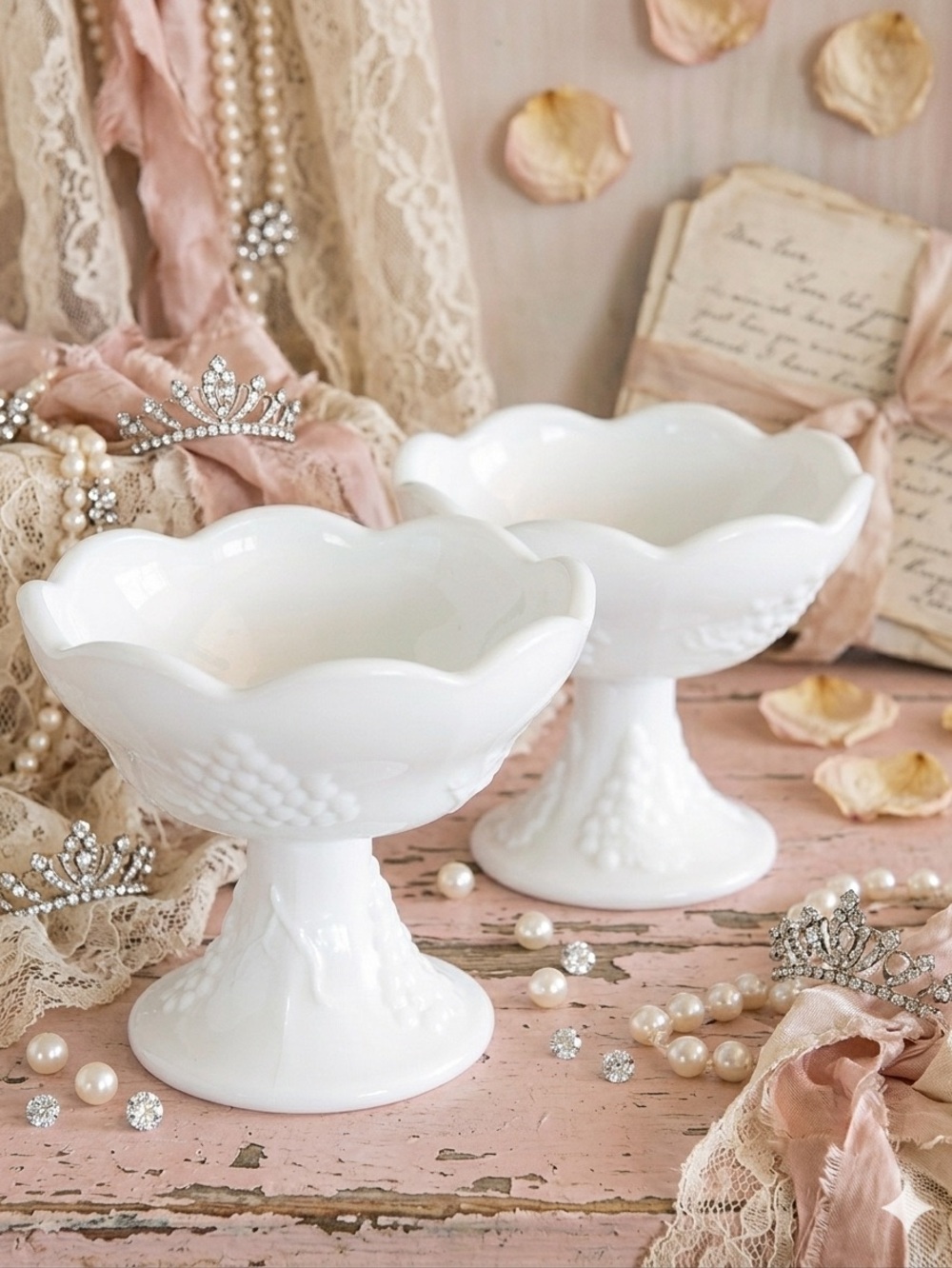 🌸 Vintage Pair of Milk Glass Candlestick Holders/Candy Dishes, White, Pair